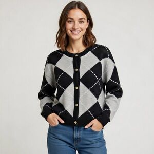 Song of Style Argyle Cardigan Sweater Black White Gray Gold Buttons NWT Size XL